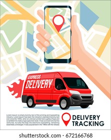 Delivery Tracking Cargo & Package Track App Cool Design Banner With Red Van & Gps Map