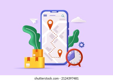 Delivery tracking concept 3D illustration. Icon composition with mobile app interface with pins at map route, parcels boxes and clock. Fast shipping service. Vector illustration for modern web design