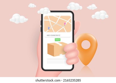 Concepto de seguimiento de entrega. Smartphone con cuadro de paquete, mapa y mapa de puntero 3d vector de icono. Compras en línea.