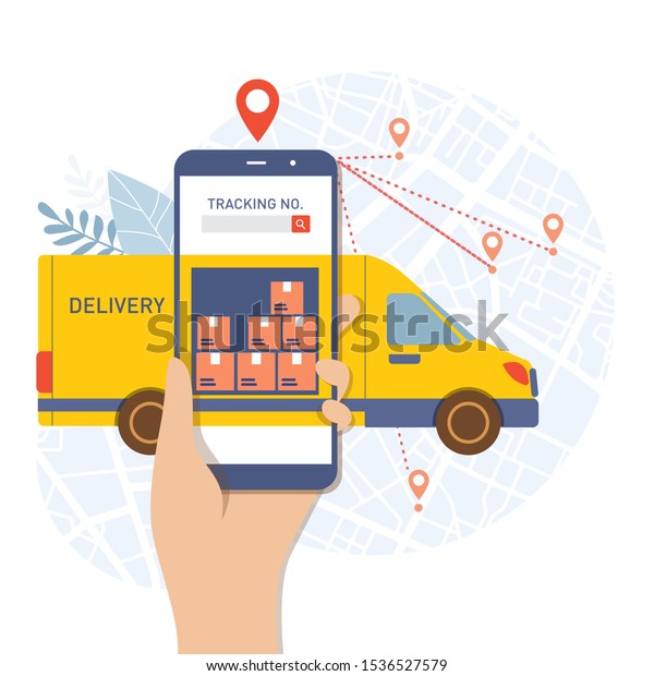 Delivery tracking concept. Vector illustration flat\
design style. Hand holding mobile scaning tracking app on map\
background. 