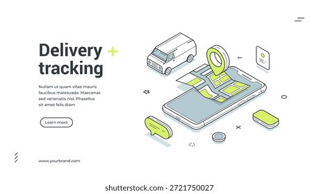 Ilustración vectorial de Plantilla de diseño de Anuncio de Web isométrico App móvil de navegación GPS de mensajería de seguimiento de entrega. Carga de compras en línea postal logística mapa de distribución smartphone tecnología digital
