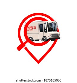 seguimiento de entrega. delivevery van dentro de la ubicación del pin y el icono de búsqueda. ilustración vectorial de concepto única