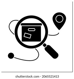 Icono de glifo de seguimiento de entrega.Ubicación de paquete bajo el amplificador. Concepto de artículos seguros expeditos, compras en línea y logística de ventas al por menor.Cartel plano rellenado. Ilustración vectorial de silueta aislada
