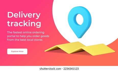 Delivery tracking GPS map pin online order positioning logistic navigation service social media banner 3d icon vector illustration. Goods transportation route location place monitoring technology