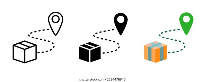 Icono de seguimiento de entrega. Paquete de cartón con ruta punteada que conduce a la Ilustración vectorial del pasador de ubicación. Envío del paquete, logística del mensajero y símbolo del seguimiento de la orden. Pictograma del servicio de distribución.