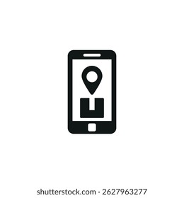 Delivery tracking icon. Simple parcel tracking icon with smartphone, location pin, and box symbol. Represents mobile app for package tracking and logistics service. Vector illustration.