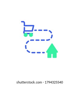 Delivery tracking icon vector, filled flat sign, shopping cart and home bicolor pictogram, green and blue colors. Symbol, logo illustration