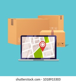 Delivery tracking on a computer. Pile of stacked sealed goods cardboard boxes. Flat design modern vector illustration concept.