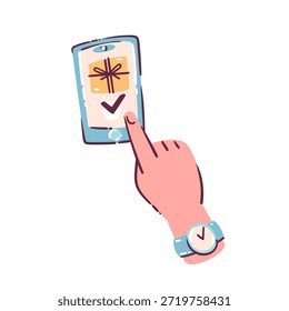 Seguimiento de la entrega en la pantalla del teléfono inteligente, mano con la marca de verificación de confirmación de toque de dedo, ícono de paquete e interfaz móvil, estilo doodle de dibujos animados, Formas simples, colores suaves, Ilustración vectorial.