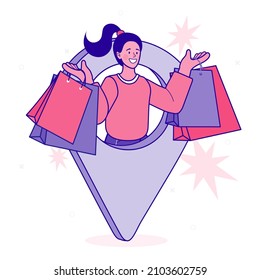 Delivery and tracking of parcel. Locating packages and goods. Logistics transportation. online orders, shopping online. Marketing and Digital marketing concept. Vector outline illustration.