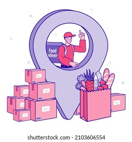 delivery and tracking of parcel. Locating packages and goods. Logistics transportation. online orders, shopping online. Marketing and Digital marketing concept. Vector outline illustration.