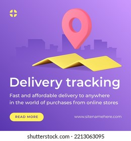 Delivery tracking service map pin city landscape social media post 3d icon vector illustration. Shipment cargo transportation GPS navigation position searching logistic distribution