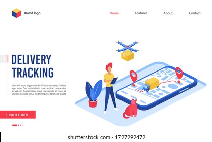 Delivery tracking service vector illustration. Website interface creative flat design with cartoon man character using modern postal technology to deliver box by air drone or truck, easy order track