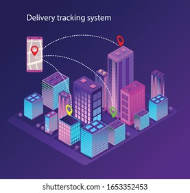 Entrega de un sistema de seguimiento para un servicio isométrico en línea con casas, calles y marcadores. Concepto inteligente de logística y transporte. Ilustración aislada de vectores para web, banner, interfaz de usuario