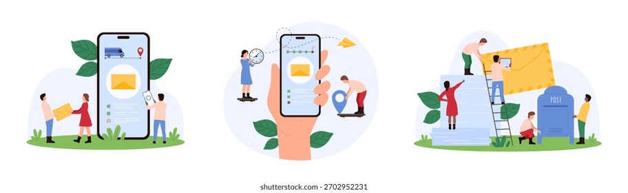 Seguimiento de la entrega, línea de tiempo en el conjunto de App móviles. La gente minúscula comprueba la etapa de entrega y el camión que entrega el paquete en la pantalla del teléfono, sosteniendo la Ilustración vectorial grande de la historieta del sobre y del perno de la ubicación