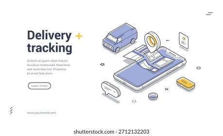 Plantilla de Anuncio de Web de seguimiento de entrega. Ilustración vectorial isométrica del servicio de logística en línea con teléfono inteligente, mapa, pin y furgoneta para el envío y transporte de carga