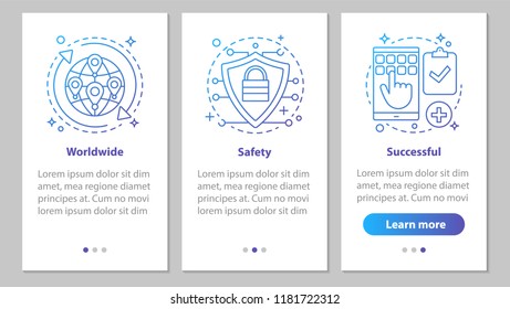 Delivery and trading onboarding mobile app page screen with linear concepts. Worldwide, successful, safe steps graphic instructions. UX, UI, GUI vector template with illustrations