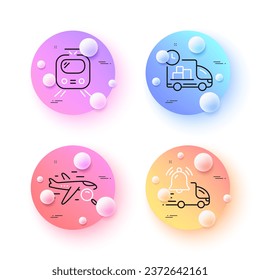 Delivery, Train and Search flight minimal line icons. 3d spheres or balls buttons. Delivery notification icons. For web, application, printing. Fast service, Tram, Find travel. Reminder bell. Vector
