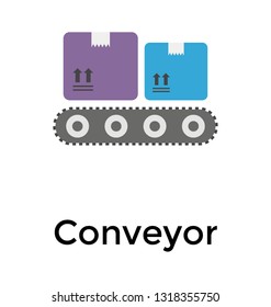 Delivery transformation, conveyor flat vector icon
