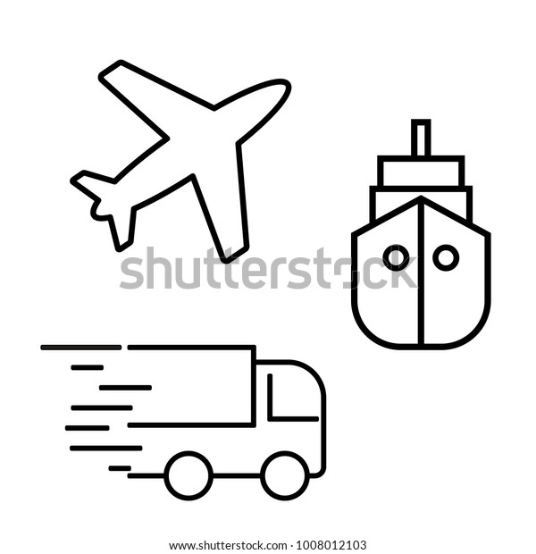 Delivery transport icons. Airplane icon. Truck\
icon. Ship icon. Transport\
icon.