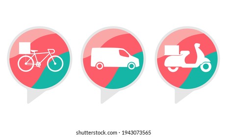 Delivery and transport icons set. Bicycle, scooter, van. Vector graphics
