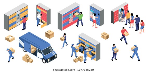 Delivery transport with postal workers unloading parcels to post terminals with people coming for their purchases isometric set isolated vector illustration