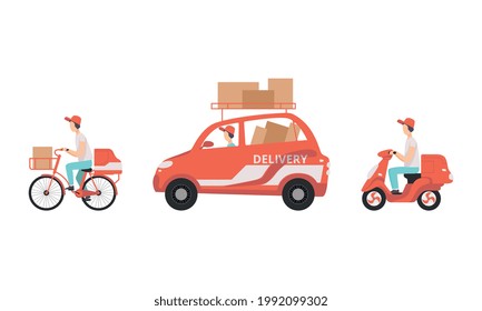 Delivery Transport Set, Couriers Carrying Parcels By Motorbike, Car and Bike Cartoon Vector Illustration
