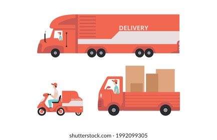 Juego de transporte de entrega, vista lateral de camiones y motocicletas rojos, ilustración de vectores de dibujos animados por el servicio de envío