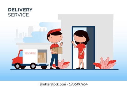 Delivery transport truck with delivery man. Delivery man and track. Flat design modern vector illustration concept.