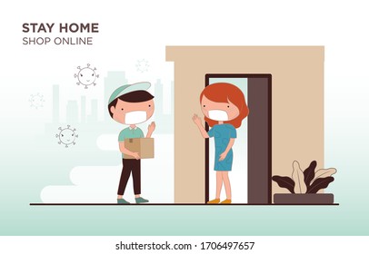 Delivery transport truck with delivery man. Delivery man and track. Flat design modern vector illustration concept.