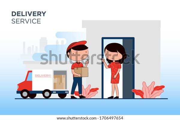 Delivery\
transport truck with delivery man. Delivery man and track. Flat\
design modern vector illustration\
concept.