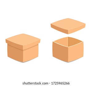 Delivery, transportation or gift open and close empty cardboard boxe with cover. Craft brown package in cartoon style. Vector colored isolated illustration