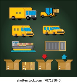 Delivery transportation icon set. Pixel art. Old school computer graphic style. 8 bit video game. game element.