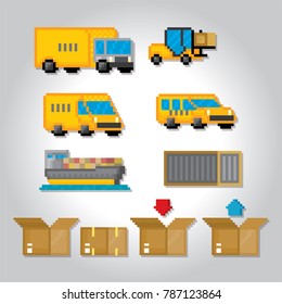 Delivery transportation icon set. Pixel art. Old school computer graphic style. 8 bit video game. game element.