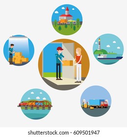 Conjunto de imagens de entrega e transporte. Ilustração vetorial.