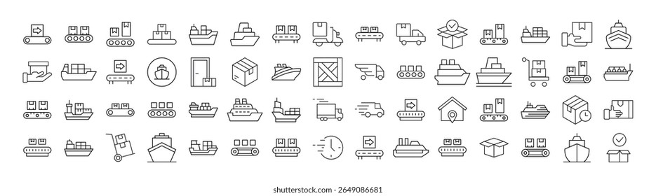 Pacote de Ícones de Linha de Distribuição e Transporte. Outline Signs para Gráficos e Web Design, Apps, Anúncios, Vários Cartões