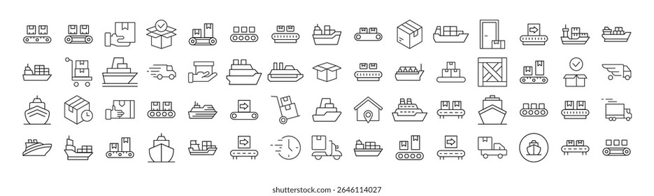 Coleção de Ícones da Linha de Distribuição e Transporte. Outline Signs para Gráficos e Web Design, Apps, Anúncios, Vários Cartões 