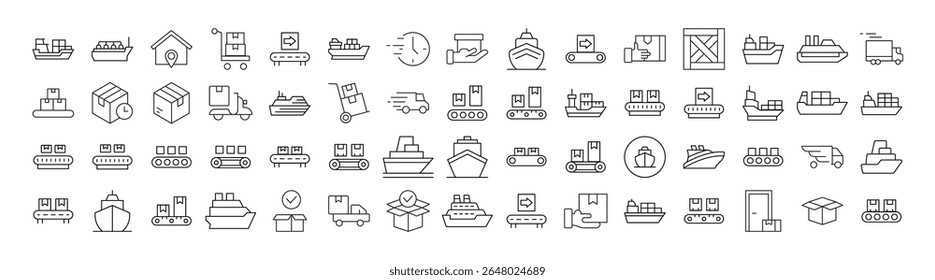 Pacote de Ícones da Linha de Distribuição e Transporte. Outline Signs para Gráficos e Web Design, Apps, Anúncios, Vários Cartões 