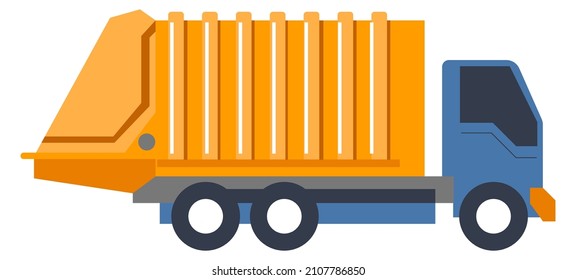 Delivery and transportation of products and cargo. Lorry or van for bulky items, trailer and logistics service in city. Container for rubbish or garbage, municipal works. Vector in flat style