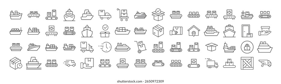 Conjunto de Ícones de Linha Fina de Distribuição e Transporte. Outline Signs para Gráficos e Web Design, Apps, Anúncios, Vários Cartões 