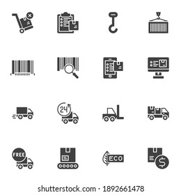 Liefert Transportvektorsymbole, Logistik, moderne Solid-Symbolsammlung, gefülltes Piktogramm-Paket. Zeichen, Logo-Illustration. Set enthält Symbole wie Frachtcontainer, Lieferwagen