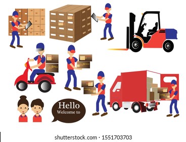 Delivery and transportation vector illustration isolated on white background this set combination business of logistic, delivery. worker, icon