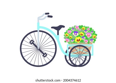 Delivery tricycle carrying a pansy pot. Vector illustration.
