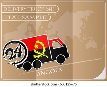 Delivery truck 24h concept made from the flag of Angola, conceptual vector illustration
