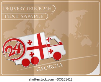 Delivery truck 24h concept made from the flag of Georgia, conceptual vector illustration