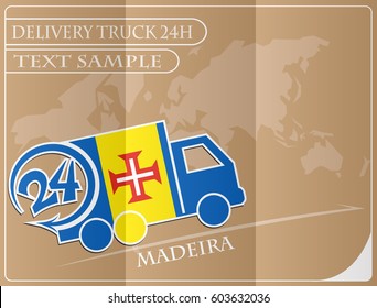 Delivery truck 24h concept made from the flag of Madeira, conceptual vector illustration