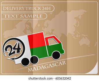 Delivery truck 24h concept made from the flag of Madagascar, conceptual vector illustration