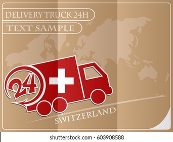 Delivery truck 24h concept made from the flag of Switzerland, conceptual vector illustration