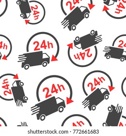 Delivery truck 24h seamless pattern background. Business flat vector illustration. 24 hours fast delivery service shipping sign symbol pattern.