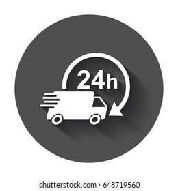 Delivery truck 24h vector illustration. 24 hours fast delivery service shipping icon. Simple flat pictogram for business, marketing or mobile app internet concept with long shadow.